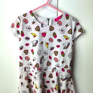 BETSEY JOHNSON Kids hearts, unicorns, fries and lightning emoji skater dress